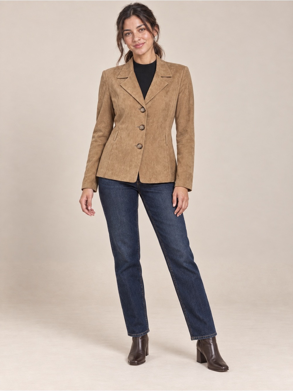 Kim Rogers Tan Faux Suede Blazer Jacket Women 14 Button Front